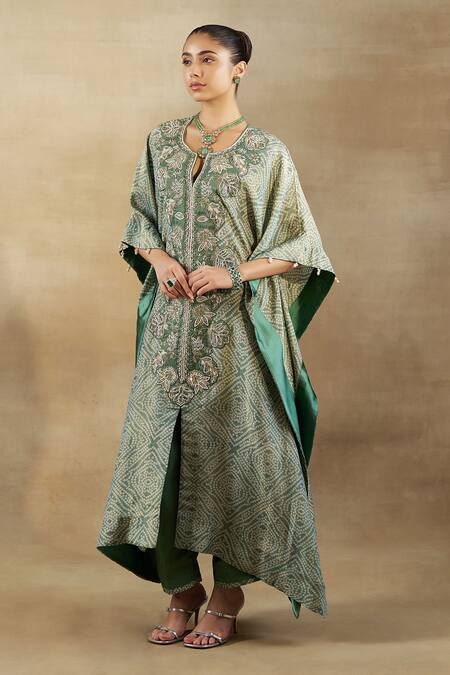 Shalkii Green Silk, Tissue Embroidery Split V-neck Bandhani Woven Kaftan And Pant Set Online at Aza Fashions Shalkii_Green Silk, Tissue Embroidery Split V-neck Bandhani Woven Kaftan And Pant Set _Online_at_Aza_Fashions