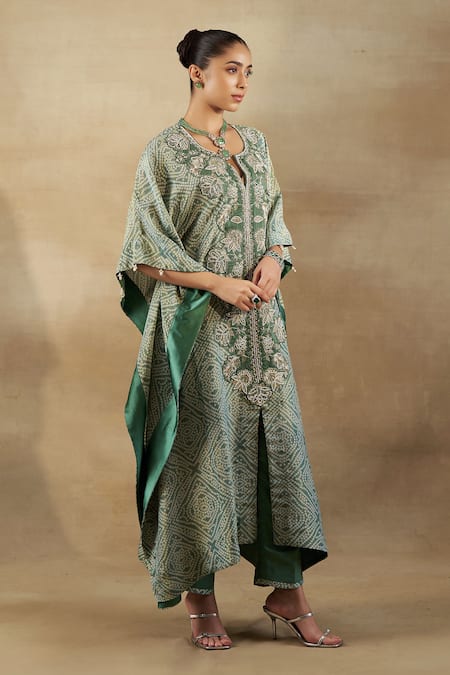 Buy Shalkii Green Silk, Tissue Embroidery Split V-neck Bandhani Woven Kaftan And Pant Set Online at Aza Fashions Buy_Shalkii_Green Silk, Tissue Embroidery Split V-neck Bandhani Woven Kaftan And Pant Set _Online_at_Aza_Fashions