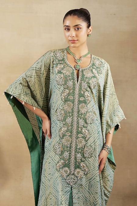 Shop Shalkii Green Silk, Tissue Embroidery Split V-neck Bandhani Woven Kaftan And Pant Set Online at Aza Fashions Shop_Shalkii_Green Silk, Tissue Embroidery Split V-neck Bandhani Woven Kaftan And Pant Set _Online_at_Aza_Fashions
