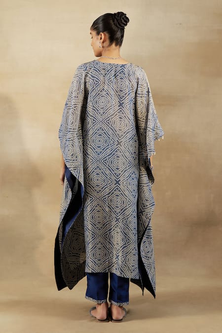 Shop Shalkii Blue Silk, Tissue Embroidery Open Neck Bandhani Woven Kaftan With Pant at Aza Fashions Shop_Shalkii_Blue Silk, Tissue Embroidery Open Neck Bandhani Woven Kaftan With Pant _at_Aza_Fashions