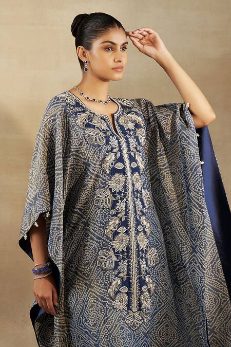 Shalkii Blue Silk, Tissue Embroidery Open Neck Bandhani Woven Kaftan With Pant Online at Aza Fashions Shalkii_Blue Silk, Tissue Embroidery Open Neck Bandhani Woven Kaftan With Pant _Online_at_Aza_Fashions