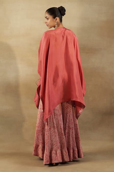 Shop_Shalkii_Peach Silk, Tissue Sequins, Beads, Zari Leaf Embroidered Kaftan And Gharara Set _at_Aza_Fashions