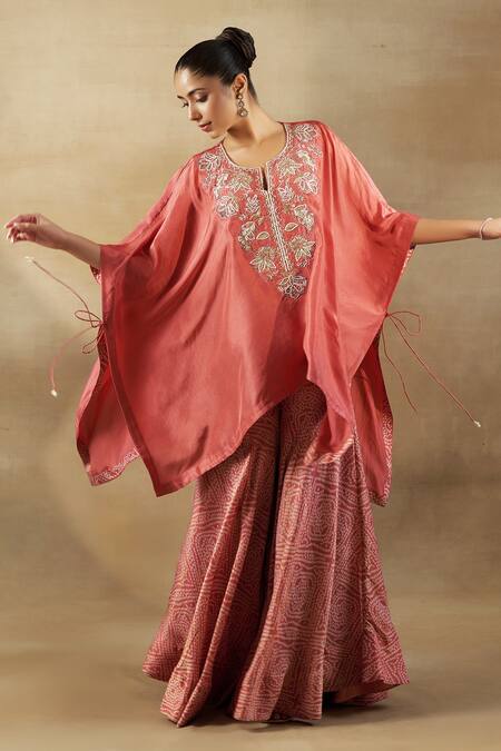 Shalkii_Peach Silk, Tissue Sequins, Beads, Zari Leaf Embroidered Kaftan And Gharara Set _Online_at_Aza_Fashions