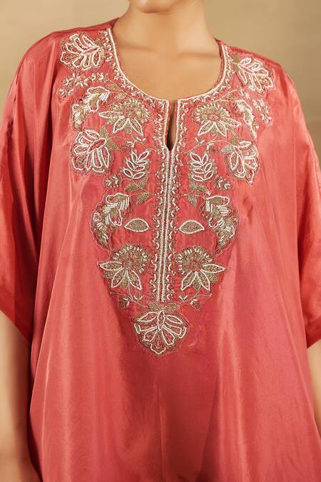 Shop_Shalkii_Peach Silk, Tissue Sequins, Beads, Zari Leaf Embroidered Kaftan And Gharara Set _Online_at_Aza_Fashions