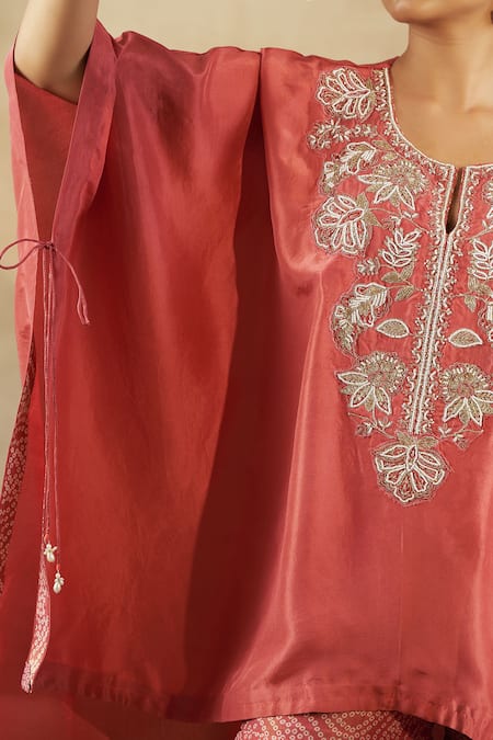 Shalkii_Peach Silk, Tissue Sequins, Beads, Zari Leaf Embroidered Kaftan And Gharara Set _at_Aza_Fashions