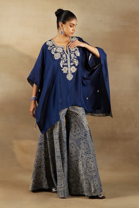 Shop Shalkii Blue Silk, Tissue Sequins, Beads, Zari Zardozi Embroidered Kaftan And Gharara Set at Aza Fashions Shop_Shalkii_Blue Silk, Tissue Sequins, Beads, Zari Zardozi Embroidered Kaftan And Gharara Set _at_Aza_Fashions