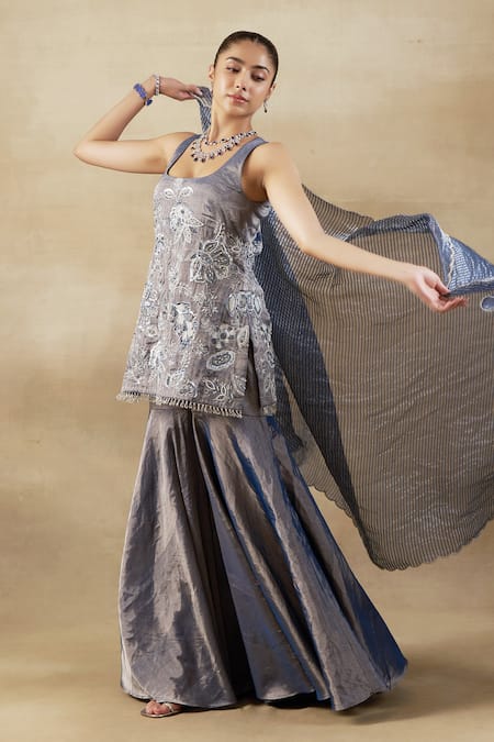 Shop Shalkii Blue Chanderi, Tissue, Brocade Pearls, Cut Work, Embroidered Kurta Gharara Set at Aza Fashions Shop_Shalkii_Blue Chanderi, Tissue, Brocade Pearls, Cut Work, Embroidered Kurta Gharara Set _at_Aza_Fashions