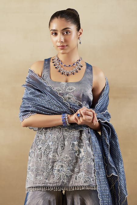 Shalkii Blue Chanderi, Tissue, Brocade Pearls, Cut Work, Embroidered Kurta Gharara Set Online at Aza Fashions Shalkii_Blue Chanderi, Tissue, Brocade Pearls, Cut Work, Embroidered Kurta Gharara Set _Online_at_Aza_Fashions