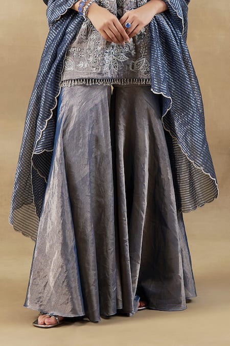 Buy Shalkii Blue Chanderi, Tissue, Brocade Pearls, Cut Work, Embroidered Kurta Gharara Set Online at Aza Fashions Buy_Shalkii_Blue Chanderi, Tissue, Brocade Pearls, Cut Work, Embroidered Kurta Gharara Set _Online_at_Aza_Fashions