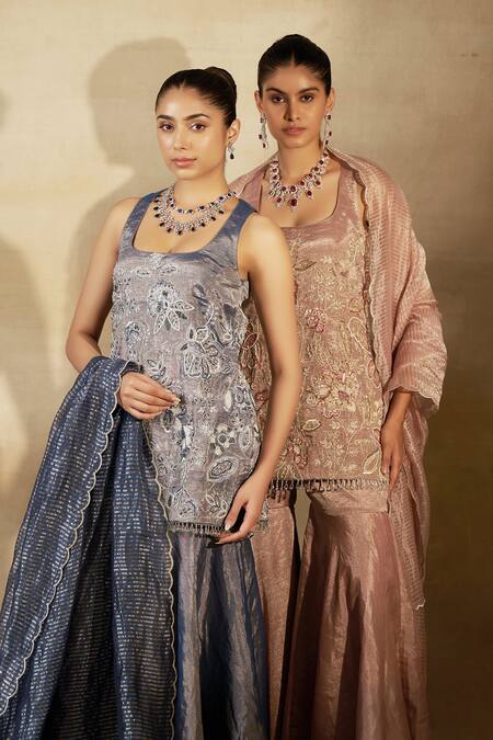 Shop Shalkii Blue Chanderi, Tissue, Brocade Pearls, Cut Work, Embroidered Kurta Gharara Set Online at Aza Fashions Shop_Shalkii_Blue Chanderi, Tissue, Brocade Pearls, Cut Work, Embroidered Kurta Gharara Set _Online_at_Aza_Fashions