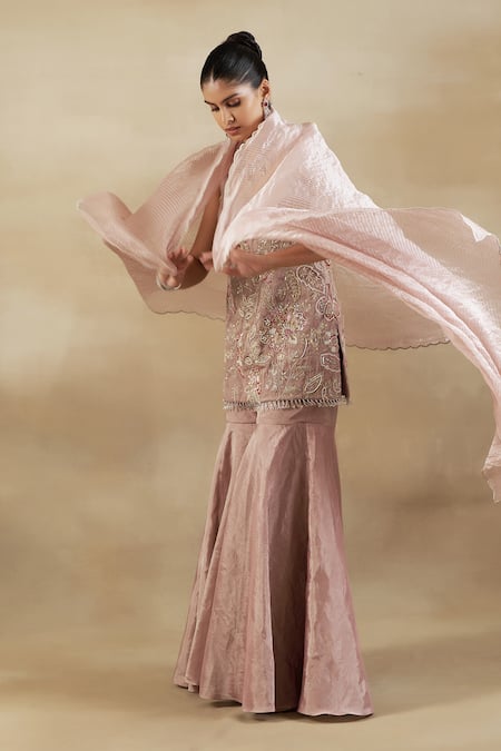 Shop Shalkii Pink Tissue, Chanderi, Brocade Cut Work, Zardozi Embroidered Kurta Gharara Set at Aza Fashions Shop_Shalkii_Pink Tissue, Chanderi, Brocade Cut Work, Zardozi Embroidered Kurta Gharara Set _at_Aza_Fashions