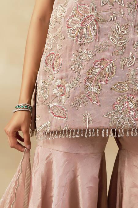 Buy Shalkii Pink Tissue, Chanderi, Brocade Cut Work, Zardozi Embroidered Kurta Gharara Set Buy_Shalkii_Pink Tissue, Chanderi, Brocade Cut Work, Zardozi Embroidered Kurta Gharara Set