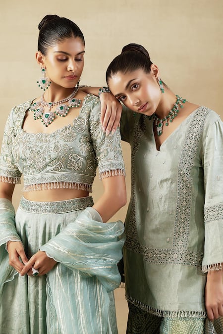 Shalkii_Green Silk Organza, Tissue, Handloom Cotton Zardozi Embroidered Lehenga Set _Online_at_Aza_Fashions