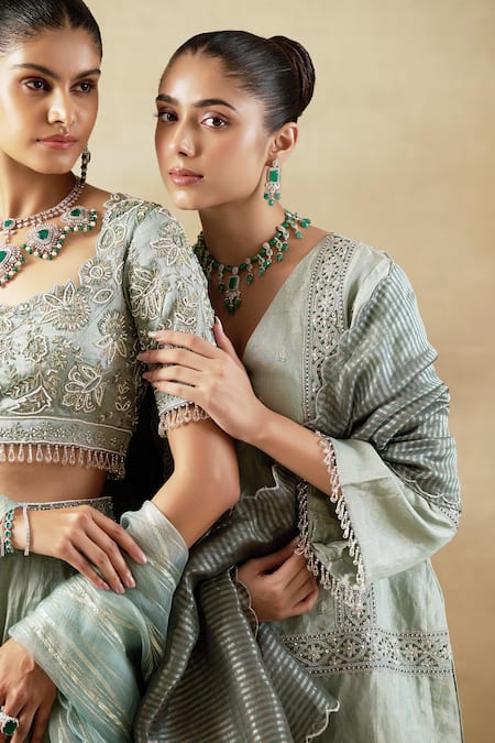Buy_Shalkii_Green Silk Organza, Tissue, Handloom Cotton Zardozi Embroidered Lehenga Set _Online_at_Aza_Fashions