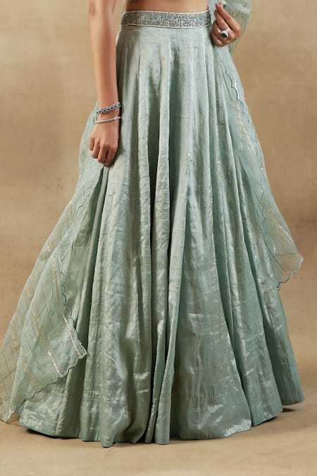 Shop_Shalkii_Green Silk Organza, Tissue, Handloom Cotton Zardozi Embroidered Lehenga Set _Online_at_Aza_Fashions
