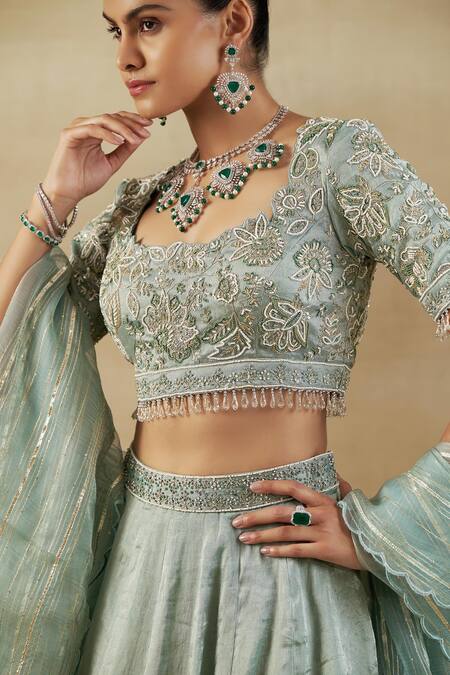 Shalkii_Green Silk Organza, Tissue, Handloom Cotton Zardozi Embroidered Lehenga Set _at_Aza_Fashions