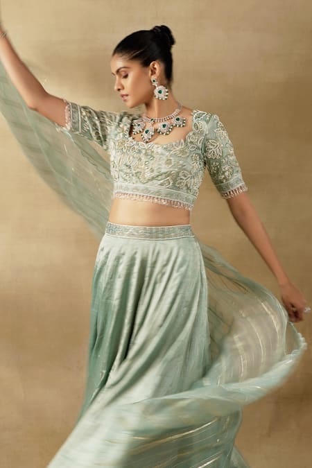 Buy_Shalkii_Green Silk Organza, Tissue, Handloom Cotton Zardozi Embroidered Lehenga Set 