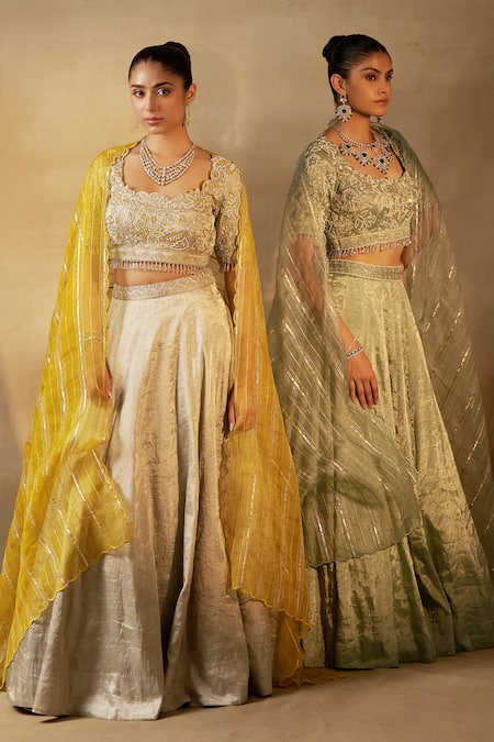 Shalkii_Silver Silk Organza, Tissue, Handloom Cotton Zardozi Embroidered Lehenga Set _Online_at_Aza_Fashions