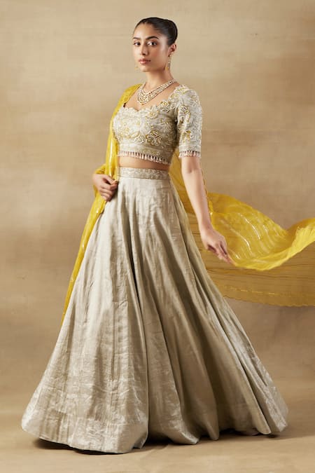 Buy_Shalkii_Silver Silk Organza, Tissue, Handloom Cotton Zardozi Embroidered Lehenga Set _Online_at_Aza_Fashions