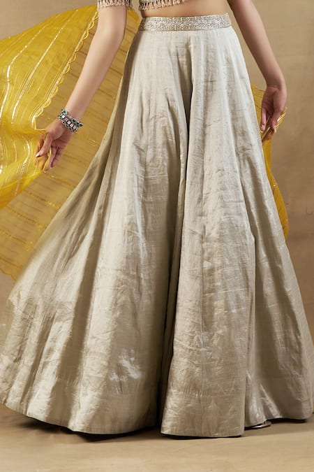 Shalkii_Silver Silk Organza, Tissue, Handloom Cotton Zardozi Embroidered Lehenga Set _at_Aza_Fashions