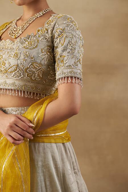 Buy_Shalkii_Silver Silk Organza, Tissue, Handloom Cotton Zardozi Embroidered Lehenga Set 