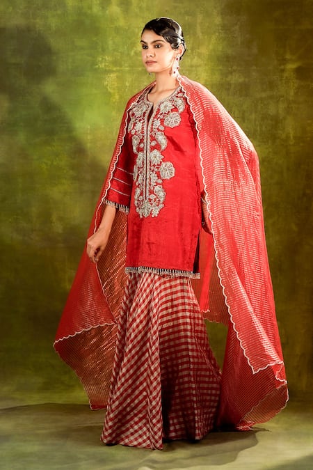 Shop_Shalkii_Red Tissue, Handloom Cotton, Chanderi Sequins, Zari, Zardozi Kurta Gharara Set _at_Aza_Fashions