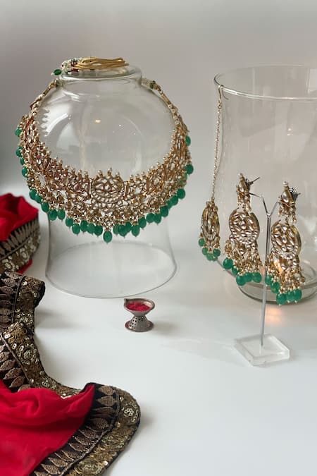 Shop_Studio6 Jewels_Green Pearls Kundan And Bead Embellished Necklace Set _at_Aza_Fashions