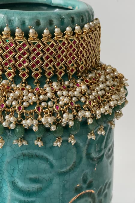 Studio6 Jewels_Multi Color Zari, Stones, Beads Kundan Jadtar Necklace And Earring Set _Online_at_Aza_Fashions