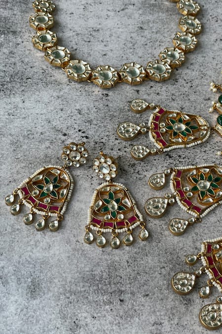 Shop_Studio6 Jewels_Multi Color Pearls, Stones Kundan Necklace Set _at_Aza_Fashions