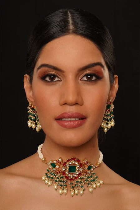 Buy_Studio6 Jewels_Multi Color Pearls, Beads Multicolor Meenakari Kundan Necklace Set_Online_at_Aza_Fashions