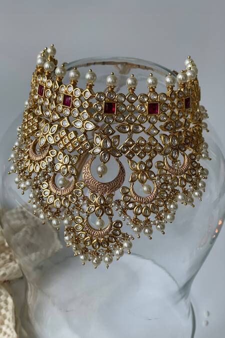 Studio6 Jewels_Pink Pearls, Embroidery Gold Plated And Enamel Necklace Set_Online_at_Aza_Fashions