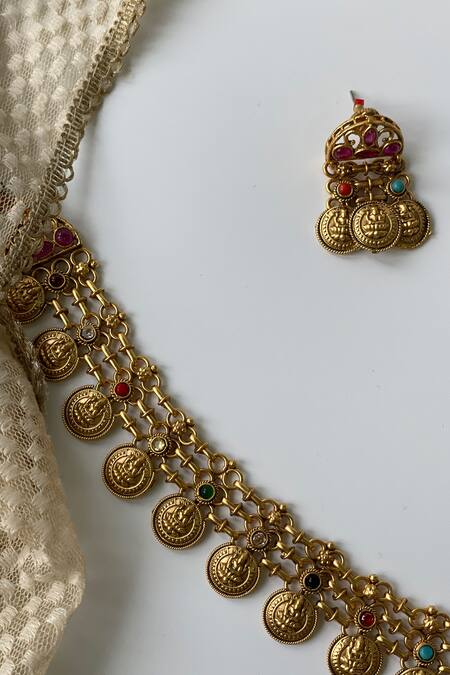 Studio6 Jewels_Gold Plated Stones Temple Motif Necklace Set _Online_at_Aza_Fashions