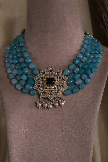 Shop Studio6 Jewels Blue Beads Kundan Necklace Set at Aza Fashions Shop_Studio6 Jewels_Blue Beads Kundan Necklace Set_at_Aza_Fashions