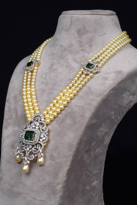 Studio6 Jewels_Green Pearls, Zari Zircon And Pendant Necklace _Online_at_Aza_Fashions