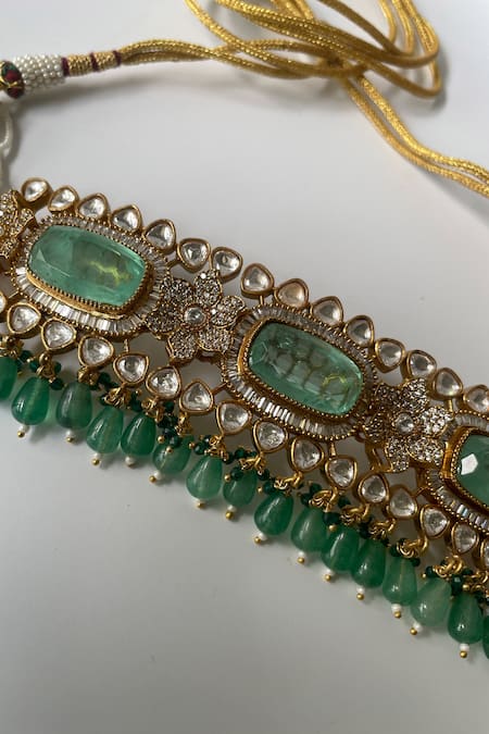 Studio6 Jewels_Green Stones, Beads Gold Plated Kundan Necklace Set _Online_at_Aza_Fashions
