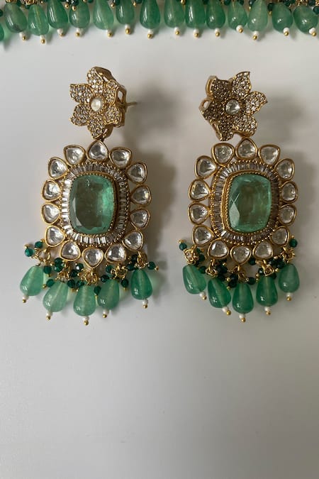 Buy_Studio6 Jewels_Green Stones, Beads Gold Plated Kundan Necklace Set _Online_at_Aza_Fashions