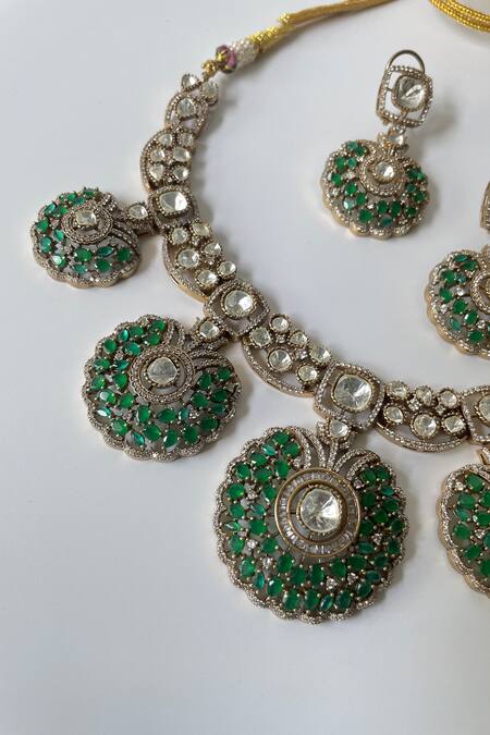 Studio6 Jewels_Green Zari Gold Plated Zircon Necklace Set _Online_at_Aza_Fashions