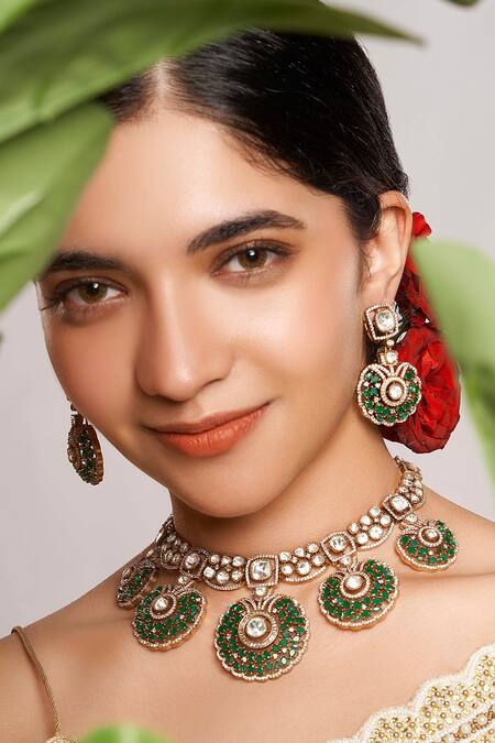 Shop Studio6 Jewels Green Zari Gold Plated Zircon Necklace Set Online at Aza Fashions Shop_Studio6 Jewels_Green Zari Gold Plated Zircon Necklace Set _Online_at_Aza_Fashions