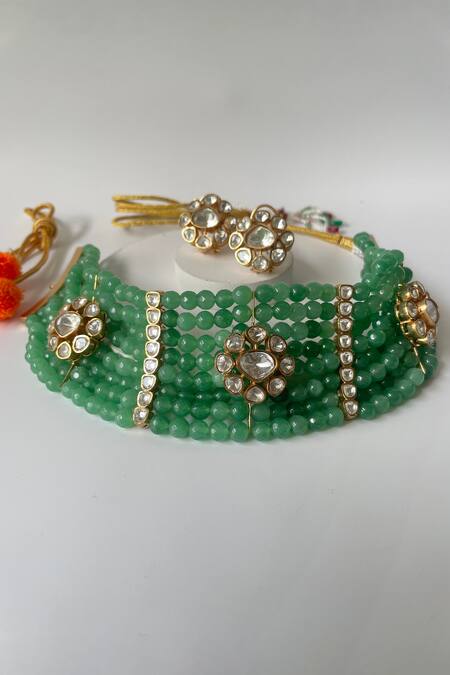 Shop_Studio6 Jewels_Green Beads, Stones Gold Plated Floral Choker Necklace Set _at_Aza_Fashions