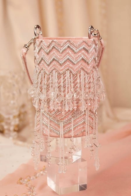 House Of Vian_Pink Crystals, Cut Work, Beads Cutdana And Embellished Bucket Bag _Online_at_Aza_Fashions