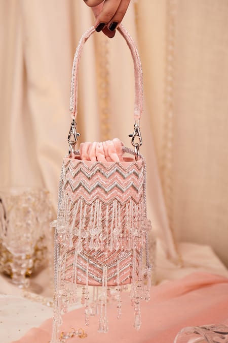 Buy_House Of Vian_Pink Crystals, Cut Work, Beads Cutdana And Embellished Bucket Bag _Online_at_Aza_Fashions