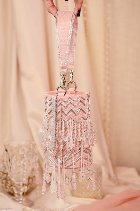 Shop_House Of Vian_Pink Crystals, Cut Work, Beads Cutdana And Embellished Bucket Bag _Online_at_Aza_Fashions