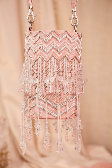 House Of Vian_Pink Crystals, Cut Work, Beads Cutdana And Embellished Bucket Bag _at_Aza_Fashions