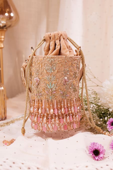 House Of Vian Peach Cut Work, Embroidery, Sequins, Diamonds Embellished Velvet Potli Bag Online at Aza Fashions House Of Vian_Peach Cut Work, Embroidery, Sequins, Diamonds Embellished Velvet Potli Bag _Online_at_Aza_Fashions