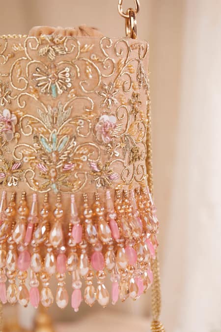 Shop House Of Vian Peach Cut Work, Embroidery, Sequins, Diamonds Embellished Velvet Potli Bag Online at Aza Fashions Shop_House Of Vian_Peach Cut Work, Embroidery, Sequins, Diamonds Embellished Velvet Potli Bag _Online_at_Aza_Fashions