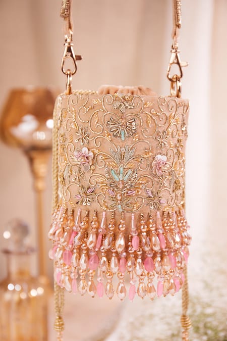 House Of Vian Peach Cut Work, Embroidery, Sequins, Diamonds Embellished Velvet Potli Bag at Aza Fashions House Of Vian_Peach Cut Work, Embroidery, Sequins, Diamonds Embellished Velvet Potli Bag _at_Aza_Fashions