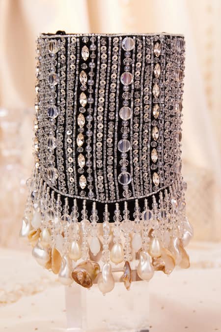 Shop House Of Vian Black Crystals, Cut Work, Beads Velvet Embellished Bucket Bag at Aza Fashions Shop_House Of Vian_Black Crystals, Cut Work, Beads Velvet Embellished Bucket Bag _at_Aza_Fashions