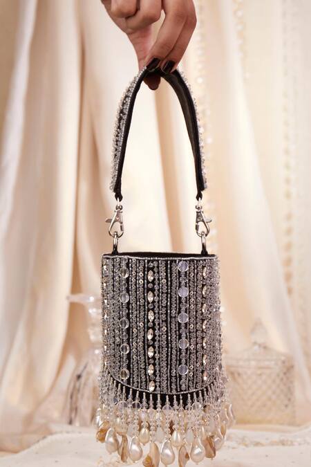Buy House Of Vian Black Crystals, Cut Work, Beads Velvet Embellished Bucket Bag Online at Aza Fashions Buy_House Of Vian_Black Crystals, Cut Work, Beads Velvet Embellished Bucket Bag _Online_at_Aza_Fashions