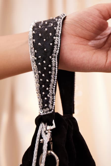 Shop House Of Vian Black Crystals, Cut Work, Beads Velvet Embellished Bucket Bag Online at Aza Fashions Shop_House Of Vian_Black Crystals, Cut Work, Beads Velvet Embellished Bucket Bag _Online_at_Aza_Fashions