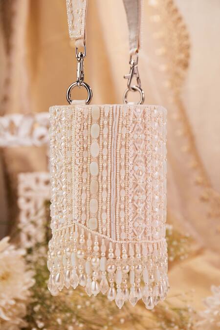 House Of Vian_White Crystals, Beads, Cut Work Embellished Velvet Bucket Bag_Online_at_Aza_Fashions